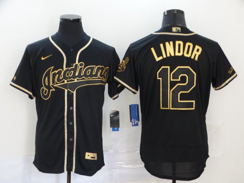 Men Cleveland Indians #12 Lindor Black Nike Elite MLB Jerseys